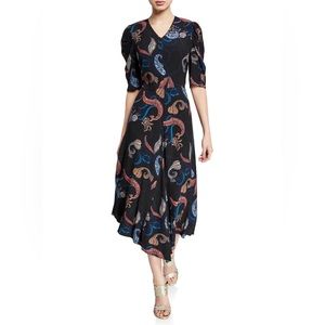 See by Chloe Paisley Midi Dress Puff‎ Sleeve Navy blue Back Zip Women XS Fall